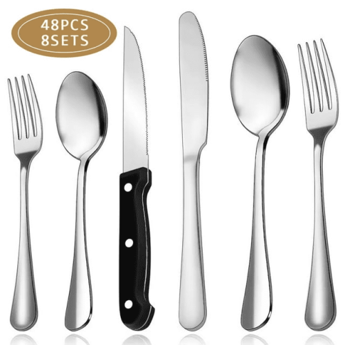 48-Pieces Silverware Set Stainless Steel Flatware Cutlery Utensil Set Spoons 48-Pieces Silverware Set Stainless Steel Flatware Cutlery Utensil Set Spoons