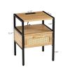 Set of 2, 15.75" Rattan End table with Power Outlet & USB Ports , Modern nightstand with drawer and metal legs, side table for living room, bedroom,na