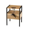 Set of 2, 15.75" Rattan End table with Power Outlet & USB Ports , Modern nightstand with drawer and metal legs, side table for living room, bedroom,na