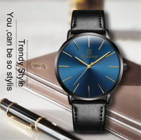New Men's Watch Ultra-thin Fashion Watches Leather Simple Business Quartz Wristwatch Roman Masculine Male relojes Casual Clock (Color: black blue)
