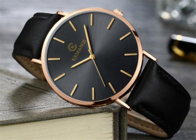New Men's Watch Ultra-thin Fashion Watches Leather Simple Business Quartz Wristwatch Roman Masculine Male relojes Casual Clock (Color: gold black)