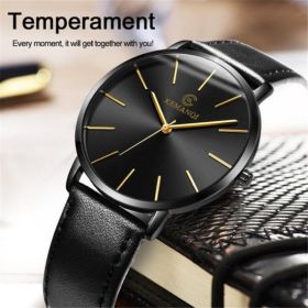 New Men's Watch Ultra-thin Fashion Watches Leather Simple Business Quartz Wristwatch Roman Masculine Male relojes Casual Clock (Color: black black)