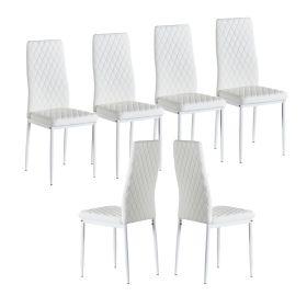 White modern minimalist dining chair fireproof leather sprayed metal pipe diamond grid pattern restaurant home conference chair set of 6 (Color: as Pic)